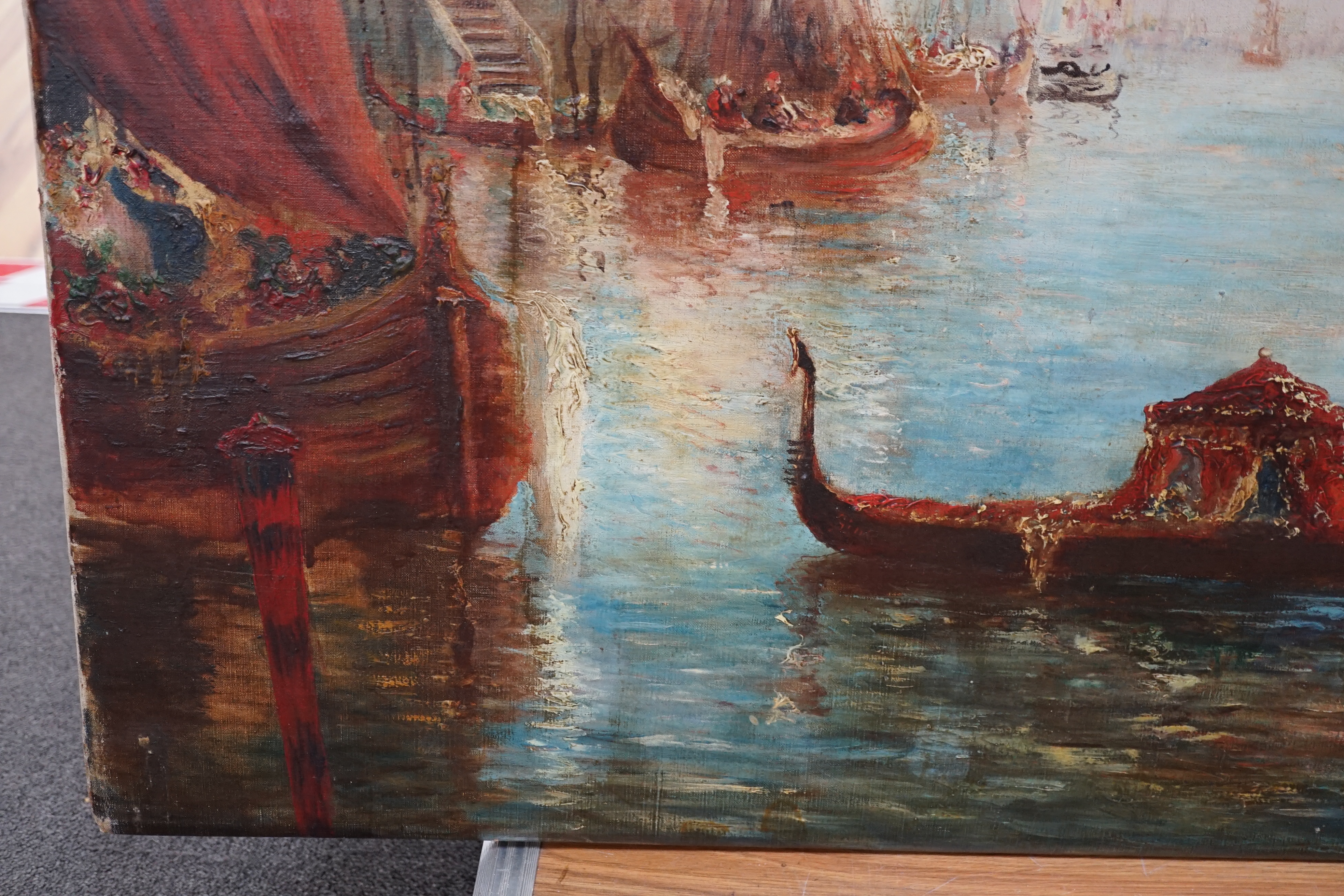 T. Jarazynski (19th.C), oil on canvas, Venetian scene, signed, unframed, 66 x 112cm. Condition - poor to fair, surface dirt and scuffs